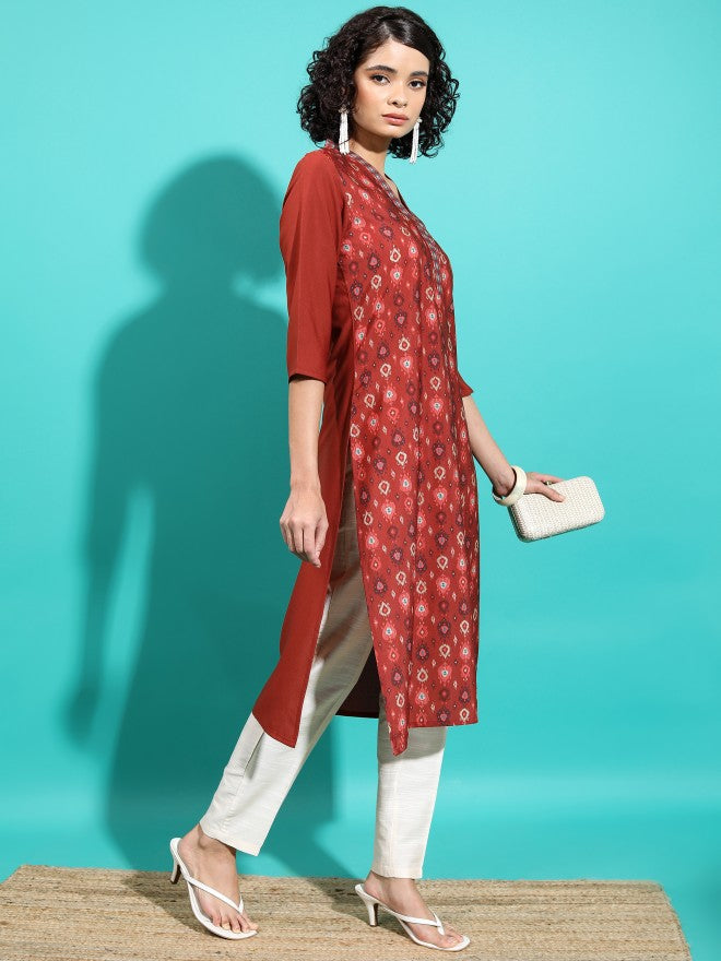 Vishudh Women Rust Printed Straight Kurta - Rust - Image 6