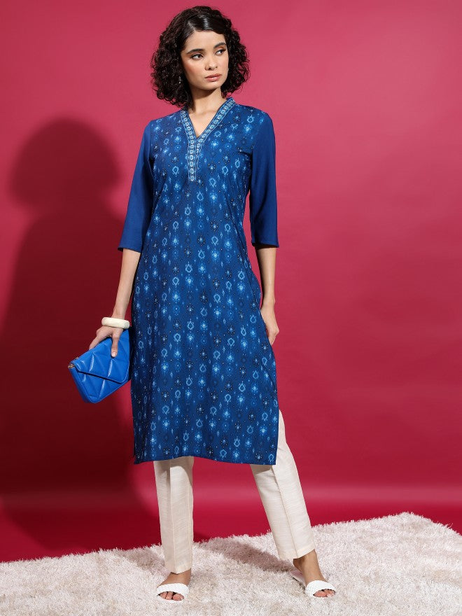Vishudh Women Blue Printed Straight Kurta - Blue - Image 1