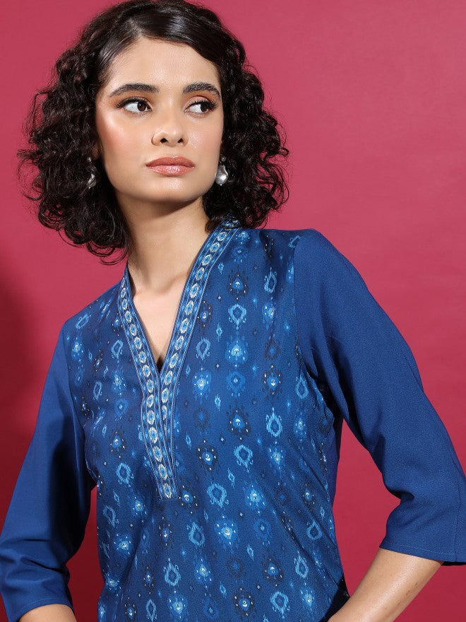 Vishudh Women Blue Printed Straight Kurta - Blue - Image 2