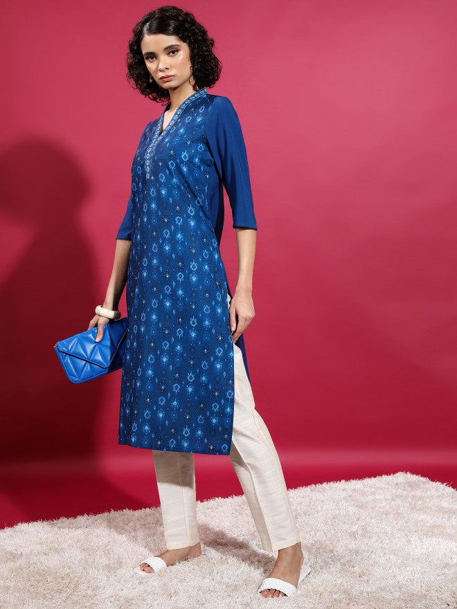 Vishudh Women Blue Printed Straight Kurta - Blue - Image 4
