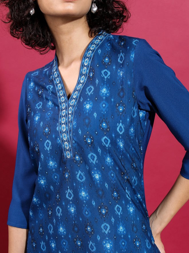 Vishudh Women Blue Printed Straight Kurta - Blue - Image 5