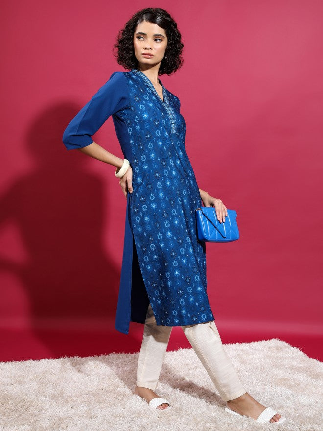 Vishudh Women Blue Printed Straight Kurta - Blue - Image 6