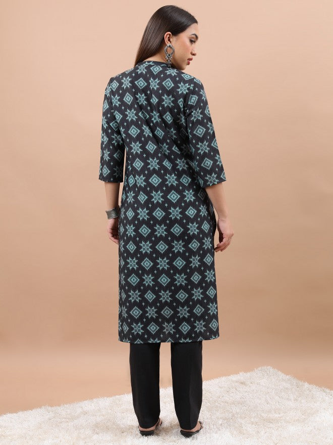 Vishudh Women Black Printed Straight Kurta - Black - Image 3