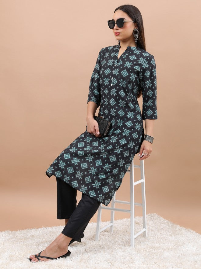 Vishudh Women Black Printed Straight Kurta - Black - Image 4