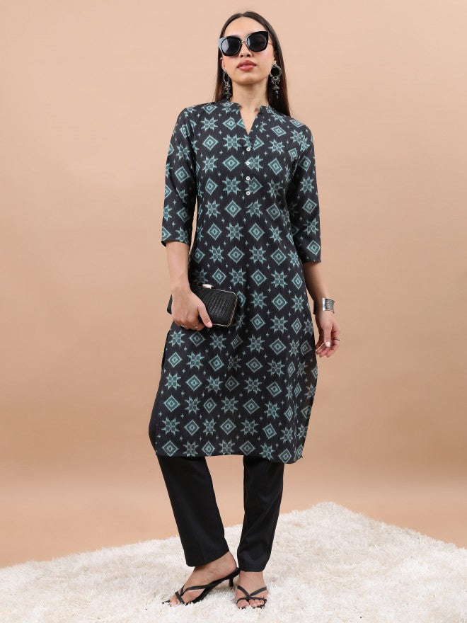 Vishudh Women Black Printed Straight Kurta - Black - Image 6