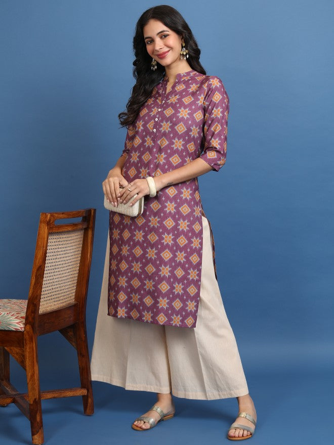 Vishudh Women Burgundy Printed Straight Kurta - Burgundy - Image 1