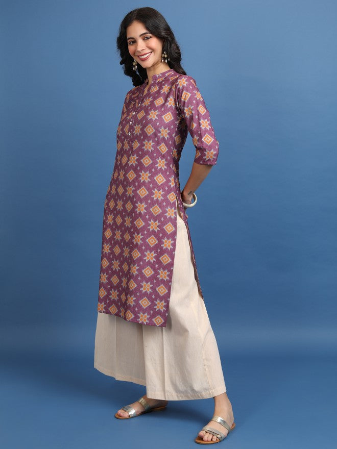 Vishudh Women Burgundy Printed Straight Kurta - Burgundy - Image 2