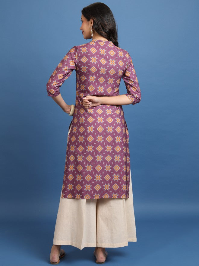 Vishudh Women Burgundy Printed Straight Kurta - Burgundy - Image 3