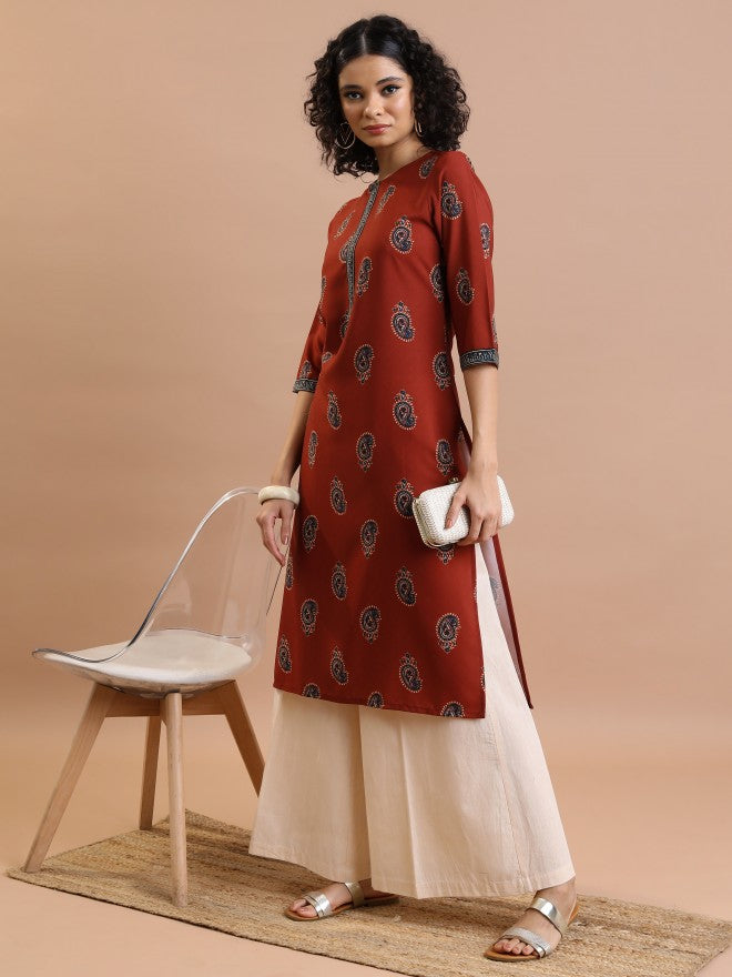 Vishudh Women Rust Printed Straight Kurta - Rust - Image 4