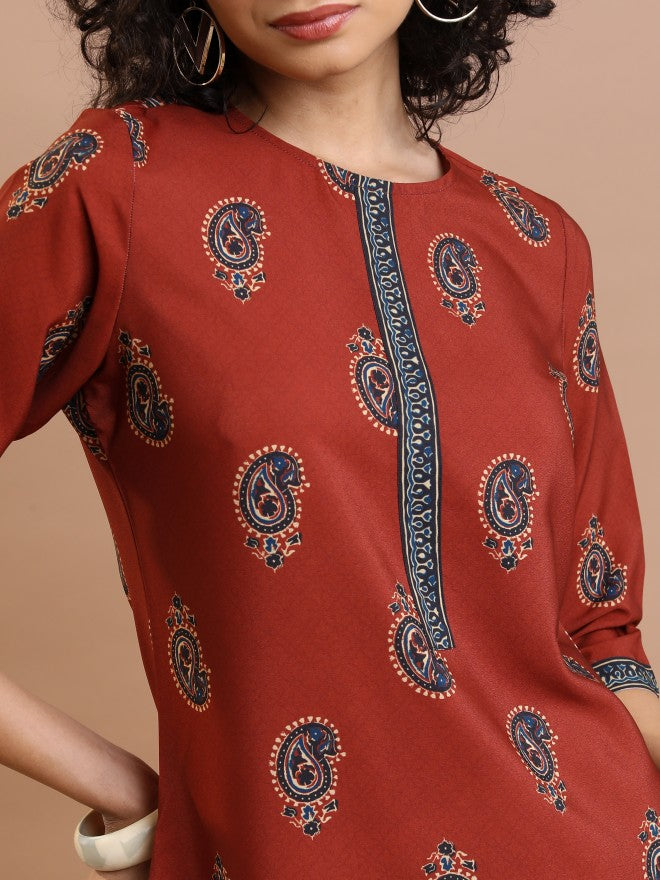 Vishudh Women Rust Printed Straight Kurta - Rust - Image 5