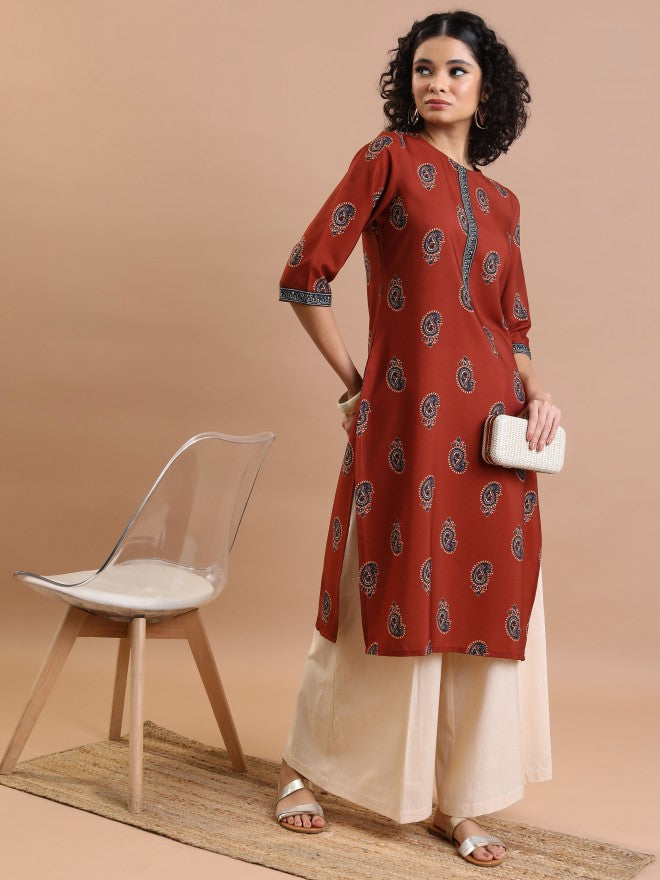 Vishudh Women Rust Printed Straight Kurta - Rust - Image 6