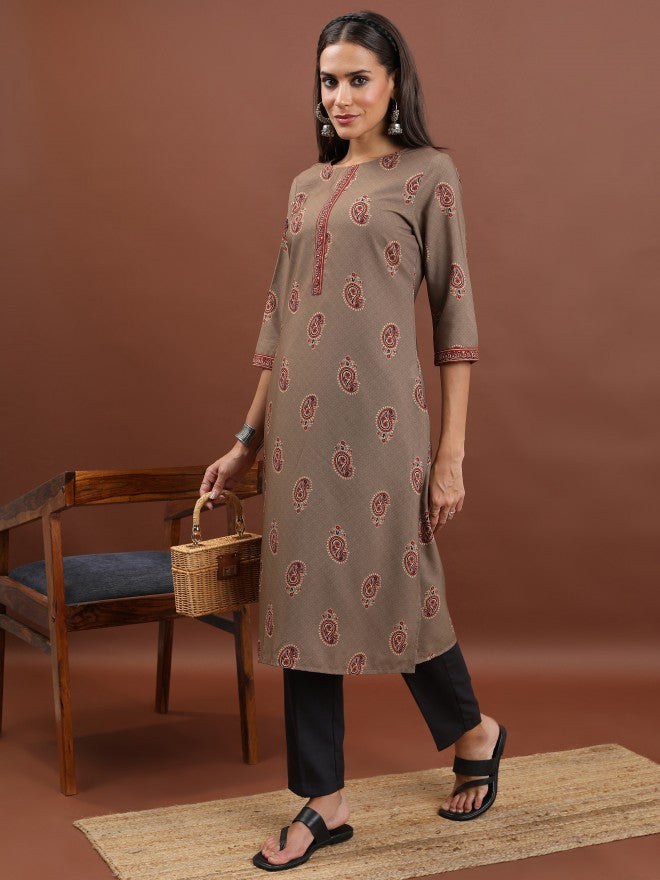 Vishudh Women Beige Printed Straight Kurta - Beige - Image 2