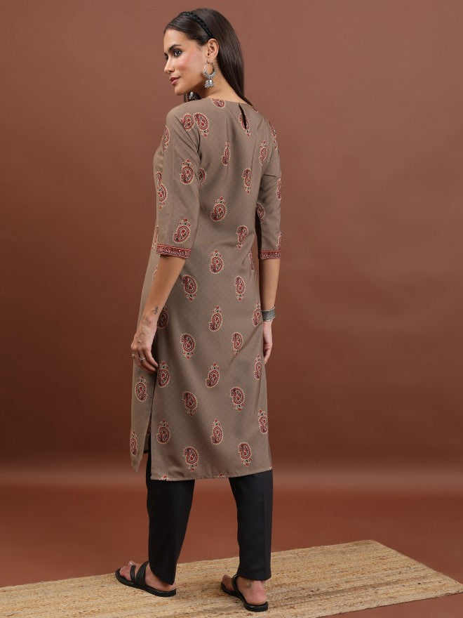 Vishudh Women Beige Printed Straight Kurta - Beige - Image 3