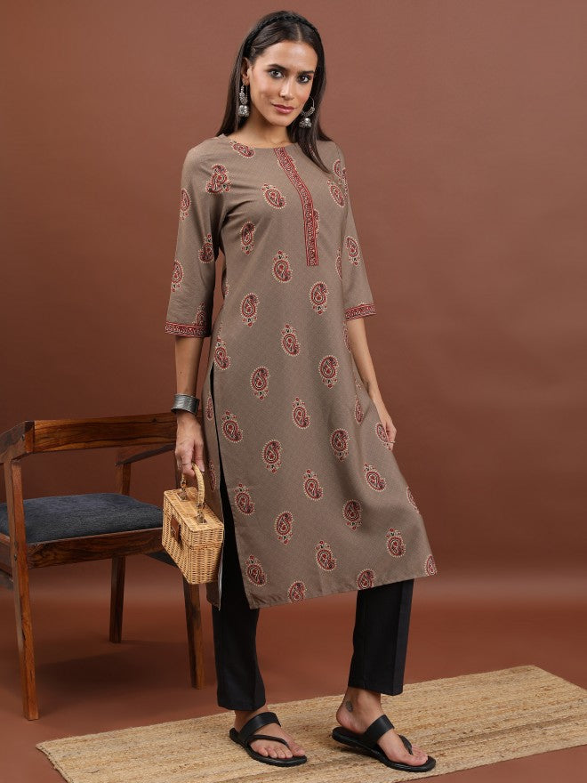 Vishudh Women Beige Printed Straight Kurta - Beige - Image 4