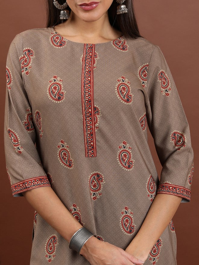 Vishudh Women Beige Printed Straight Kurta - Beige - Image 5