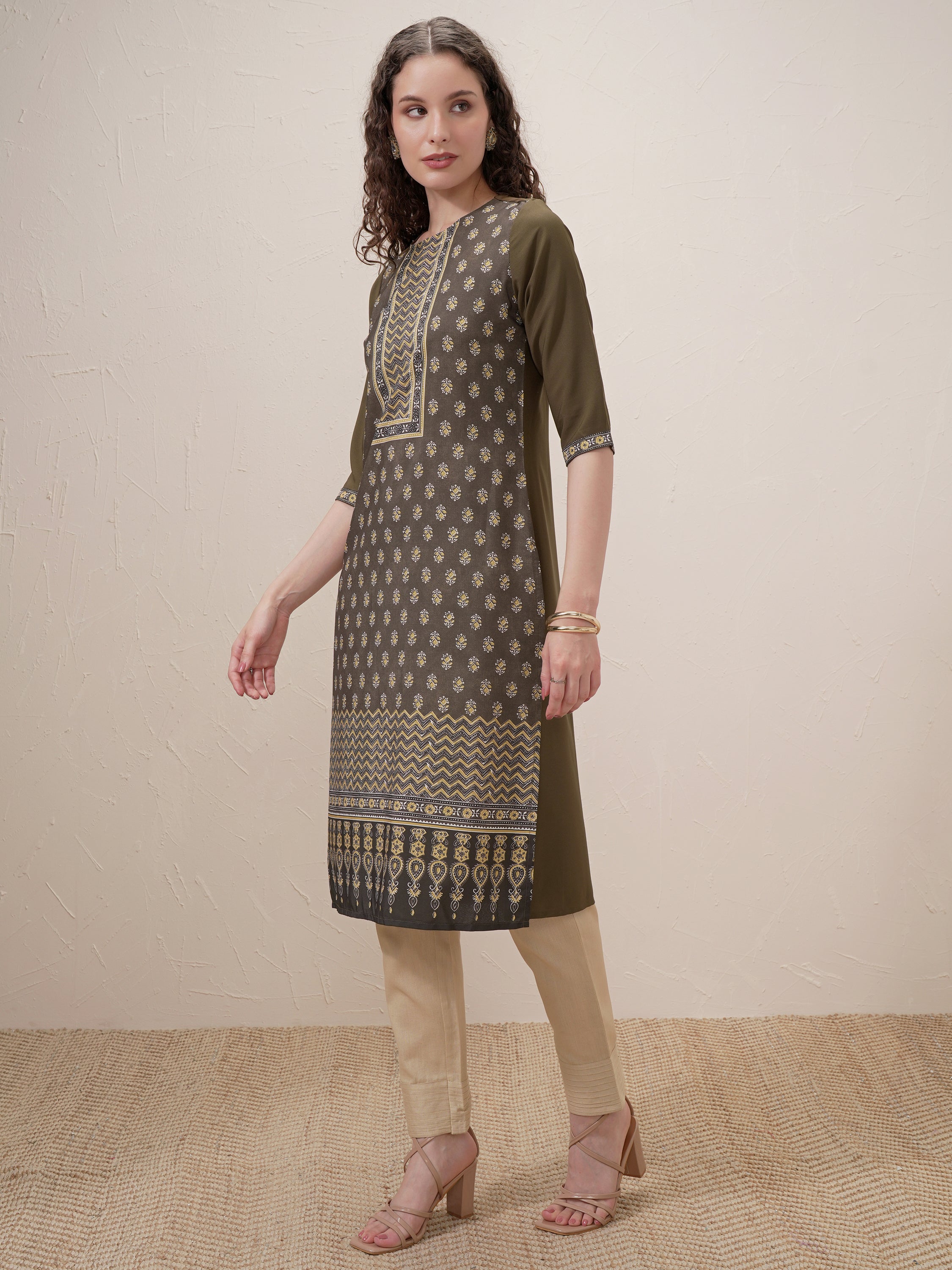 Vishudh Women Green Printed Straight Kurta - Green - Image 4