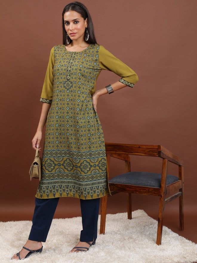 Vishudh Women Mustard Printed Straight Kurta - Mustard - Image 2