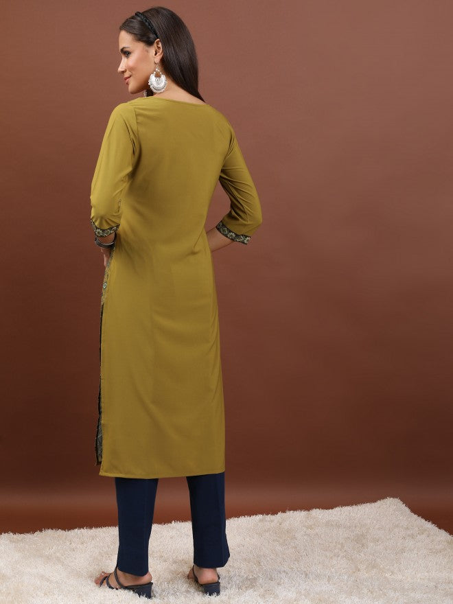 Vishudh Women Mustard Printed Straight Kurta - Mustard - Image 3