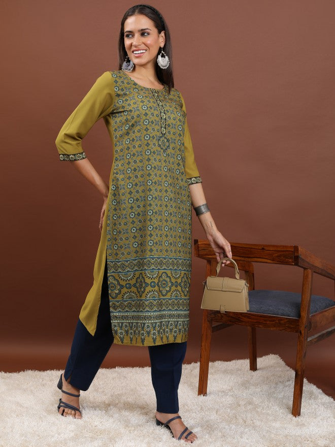 Vishudh Women Mustard Printed Straight Kurta - Mustard - Image 4