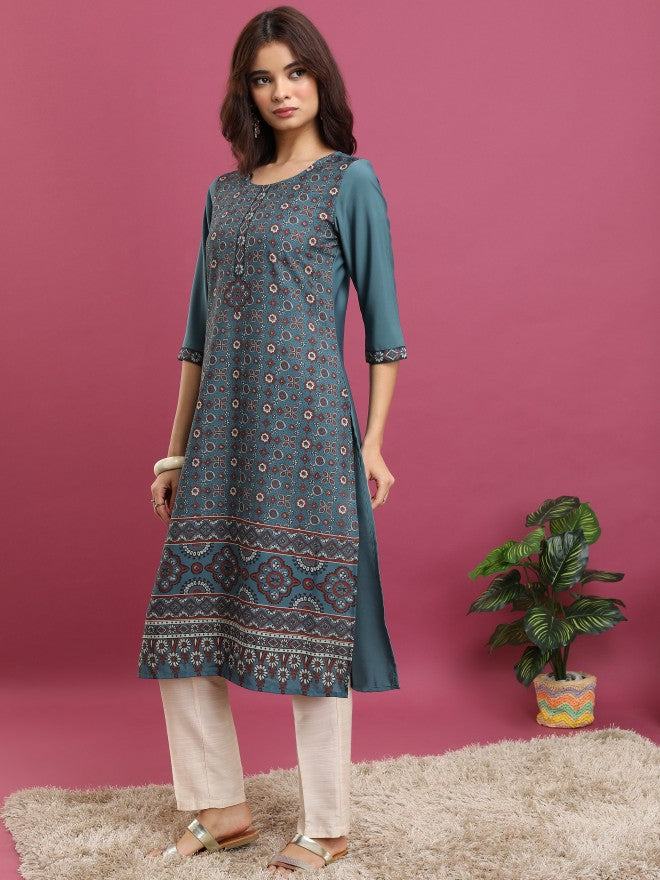 Vishudh Women Teal Printed Straight Kurta - Teal - Image 2