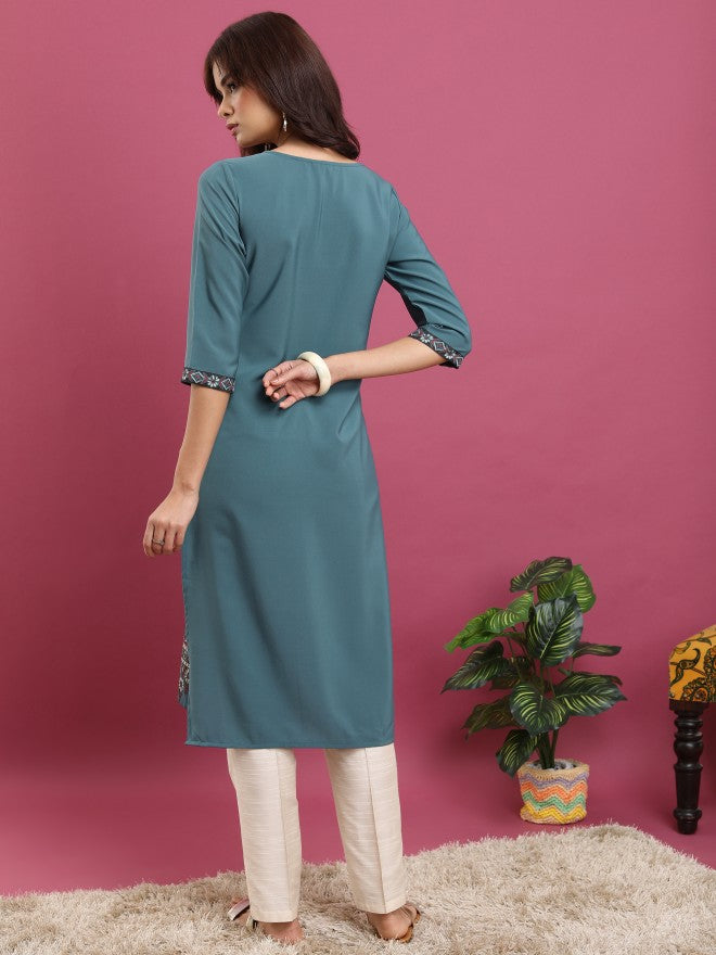 Vishudh Women Teal Printed Straight Kurta - Teal - Image 3