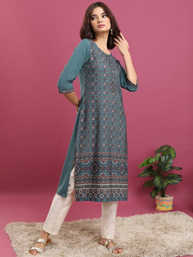 Vishudh Women Teal Printed Straight Kurta - Teal - Image 4