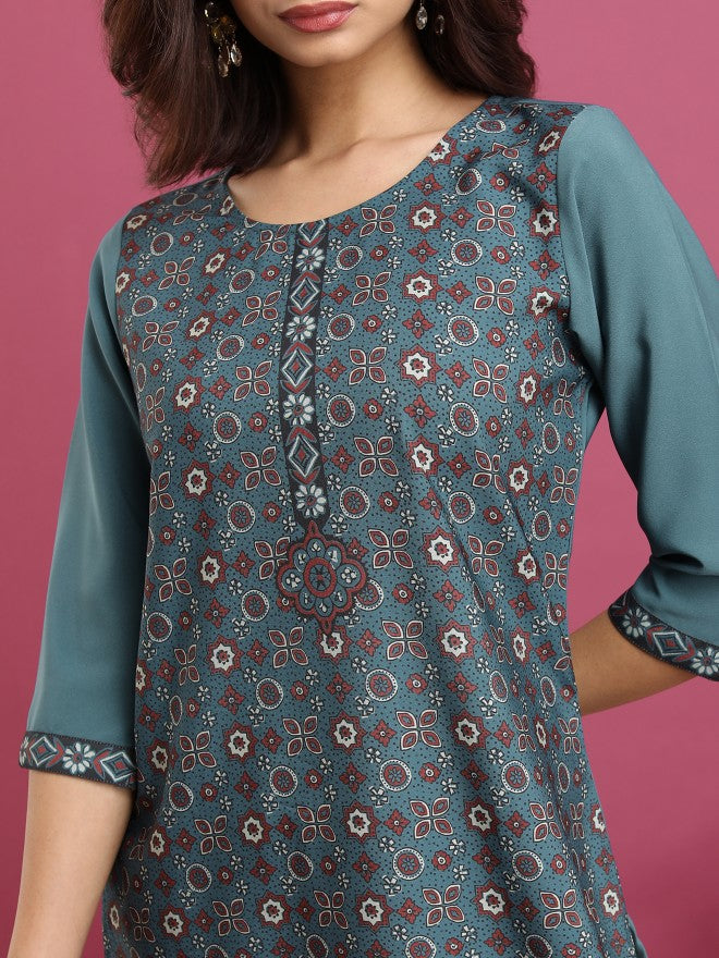 Vishudh Women Teal Printed Straight Kurta - Teal - Image 5