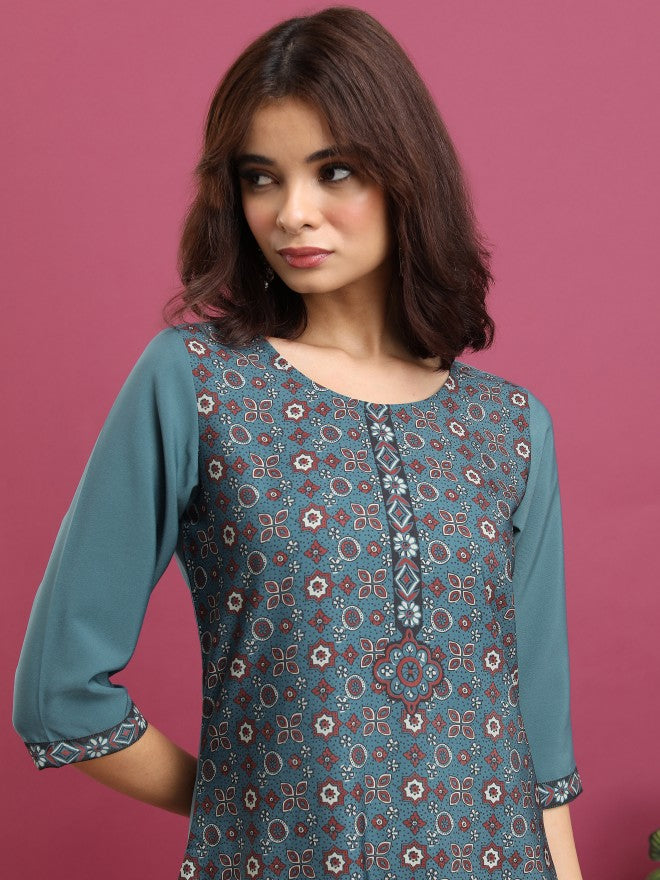 Vishudh Women Teal Printed Straight Kurta - Teal - Image 6