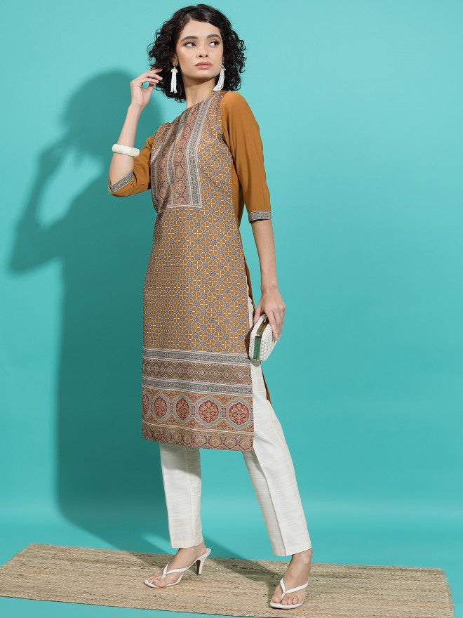 Vishudh Women Rust Printed Straight Kurta - Rust - Image 2