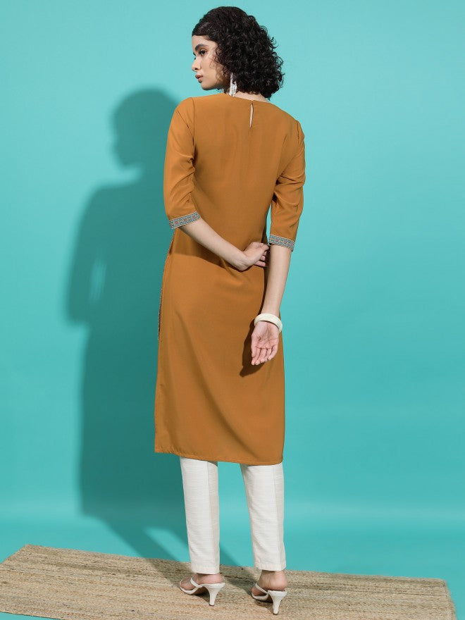 Vishudh Women Rust Printed Straight Kurta - Rust - Image 3
