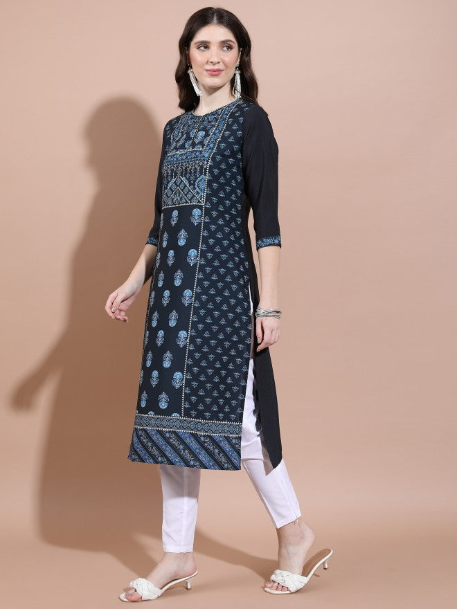 Vishudh Women Navy Blue Printed Straight Kurta - Navy Blue - Image 2