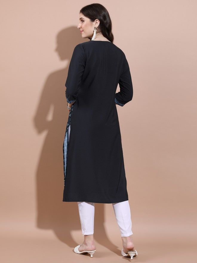 Vishudh Women Navy Blue Printed Straight Kurta - Navy Blue - Image 3