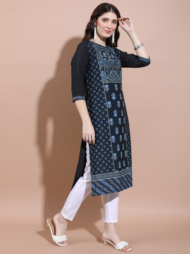 Vishudh Women Navy Blue Printed Straight Kurta - Navy Blue - Image 4