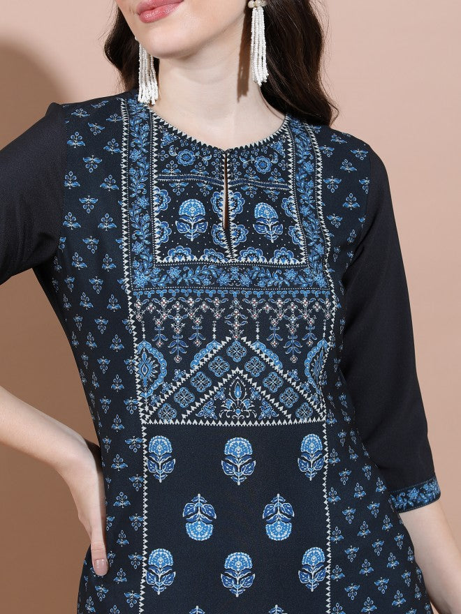 Vishudh Women Navy Blue Printed Straight Kurta - Navy Blue - Image 5