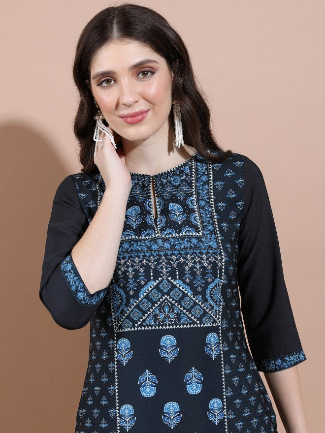 Vishudh Women Navy Blue Printed Straight Kurta - Navy Blue - Image 6