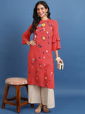 Vishudh Women Coral Printed Straight Kurta - Coral - Image 1