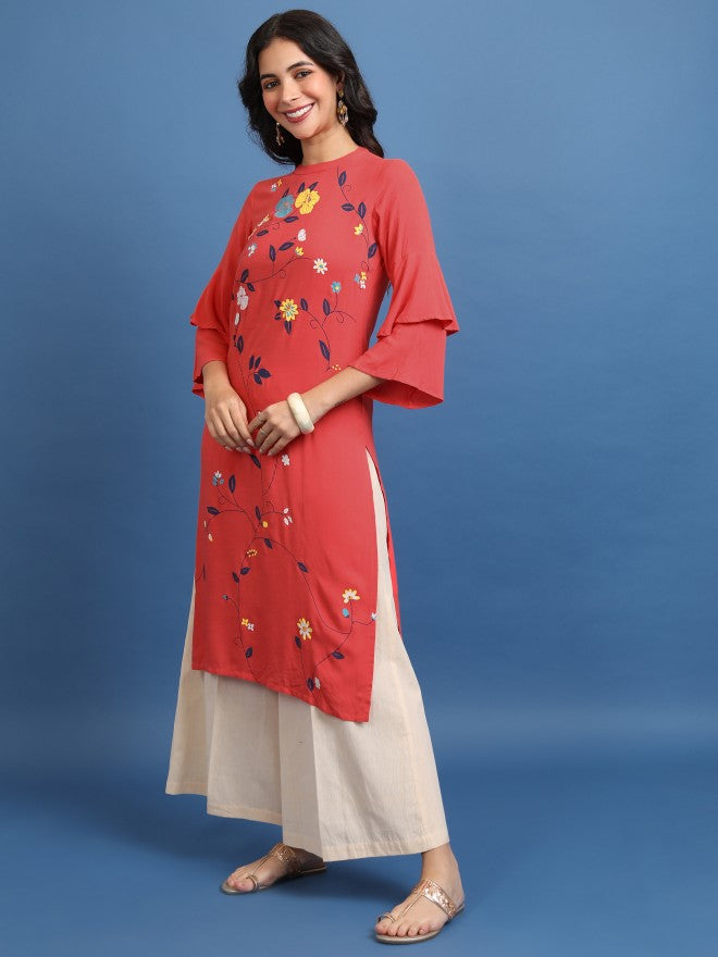 Vishudh Women Coral Printed Straight Kurta - Coral - Image 2