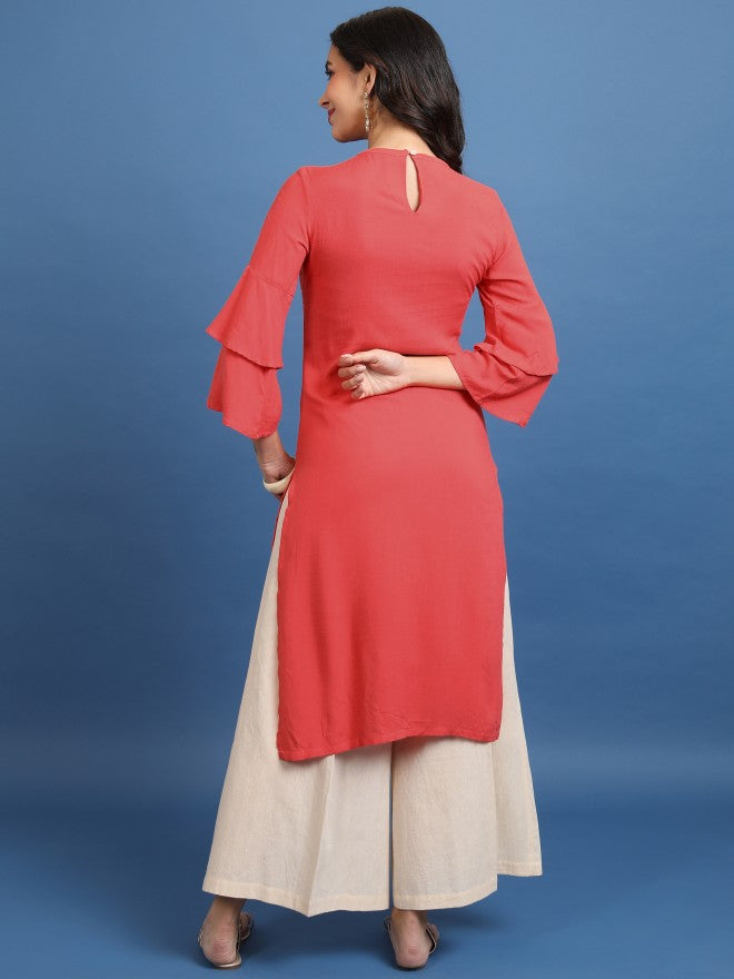 Vishudh Women Coral Printed Straight Kurta - Coral - Image 3