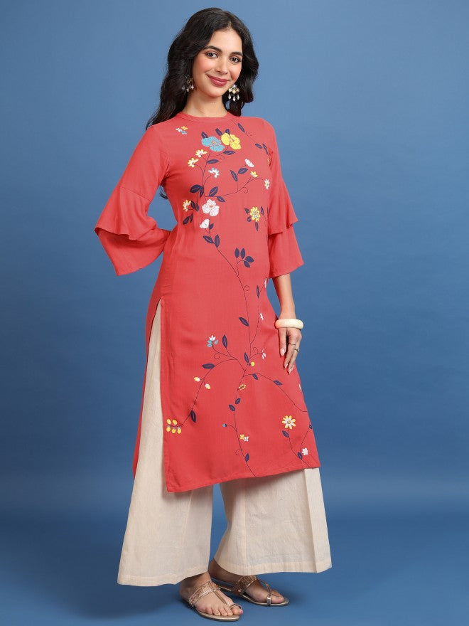 Vishudh Women Coral Printed Straight Kurta - Coral - Image 4
