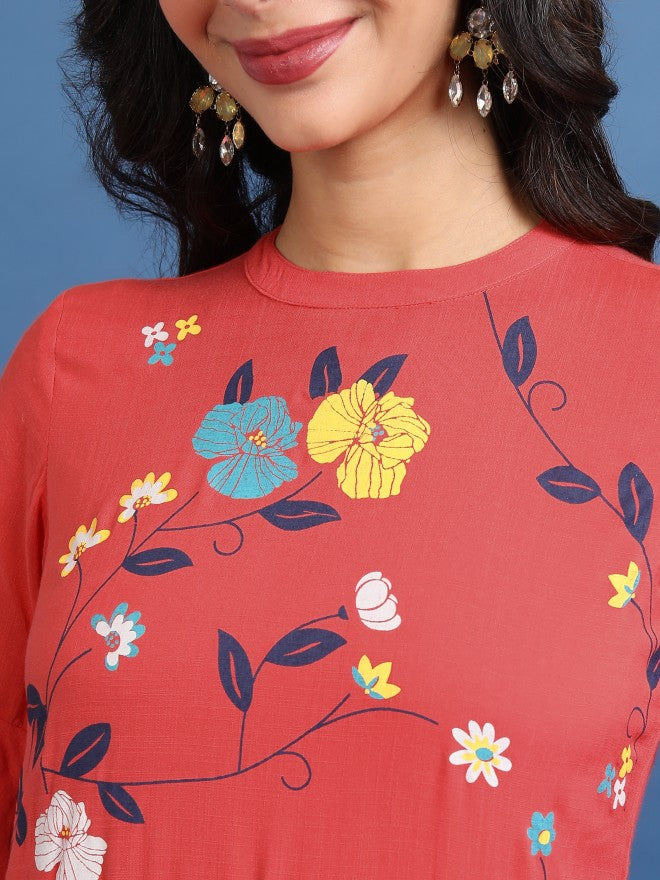 Vishudh Women Coral Printed Straight Kurta - Coral - Image 5