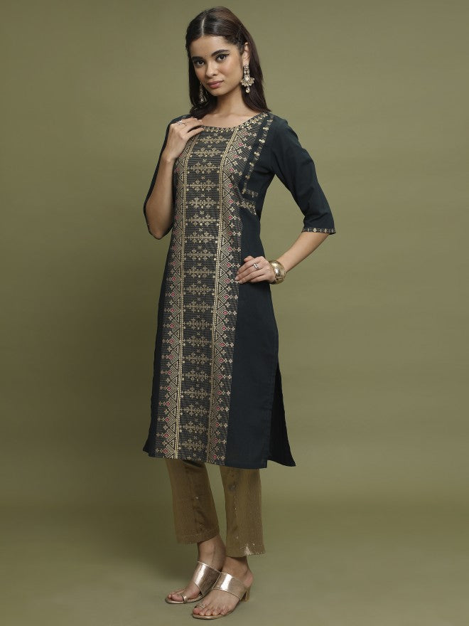 Vishudh Women Straight Printed Straight Kurta - Green - Image 2