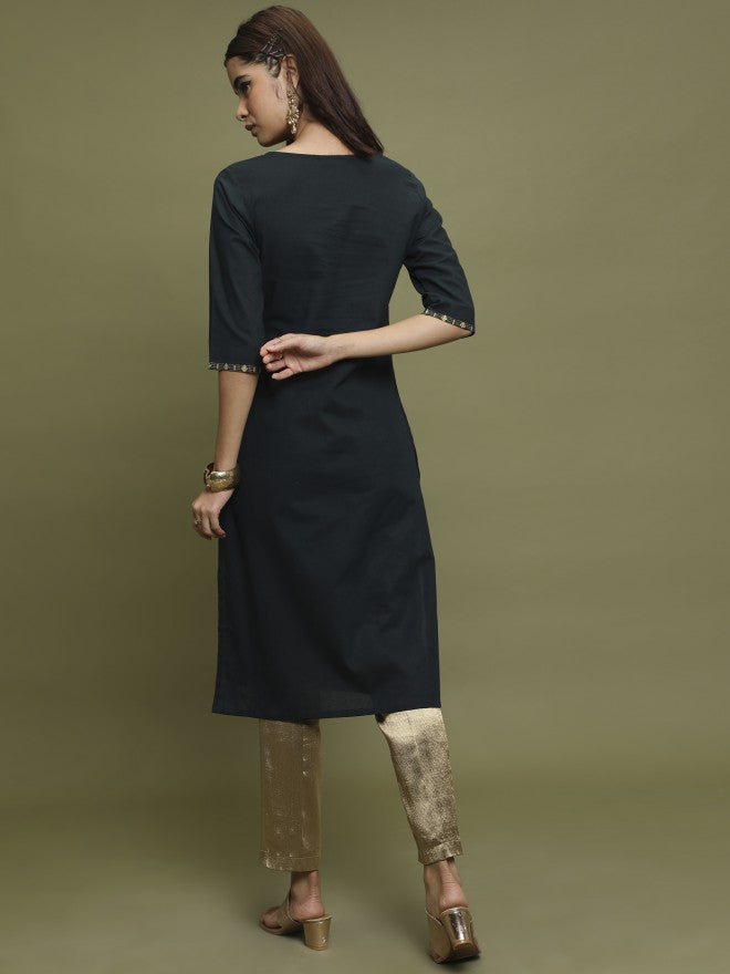 Vishudh Women Straight Printed Straight Kurta - Green - Image 3