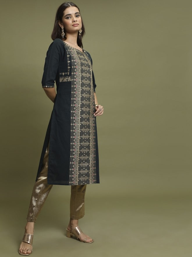 Vishudh Women Straight Printed Straight Kurta - Green - Image 4