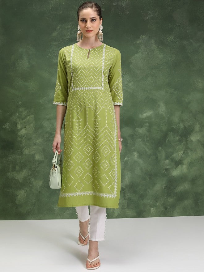 Vishudh Women Green Printed Straight Kurta - Green - Image 1