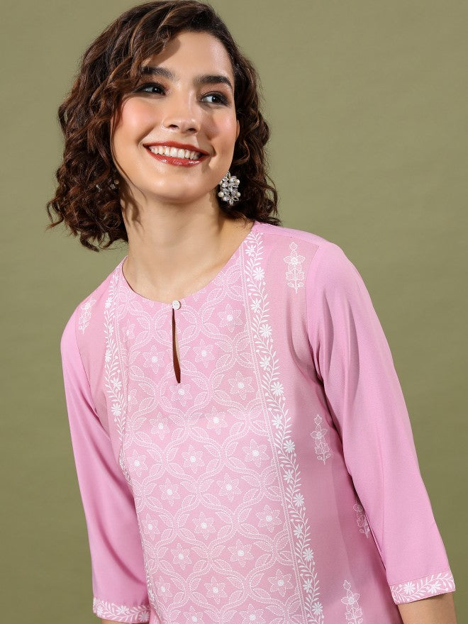 Vishudh Women Pink Printed Straight Kurta - Pink - Image 2