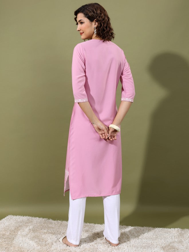 Vishudh Women Pink Printed Straight Kurta - Pink - Image 3