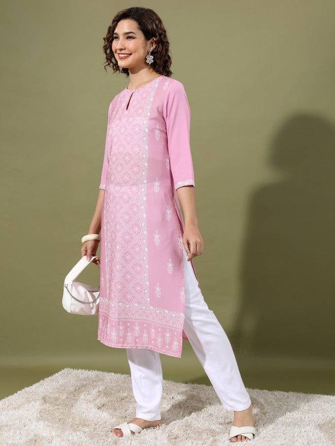 Vishudh Women Pink Printed Straight Kurta - Pink - Image 4