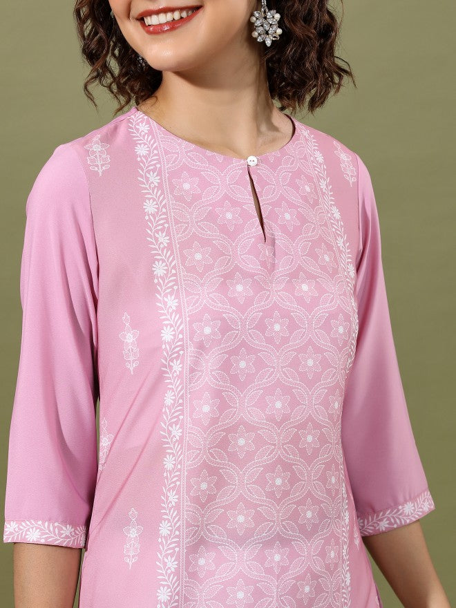 Vishudh Women Pink Printed Straight Kurta - Pink - Image 5