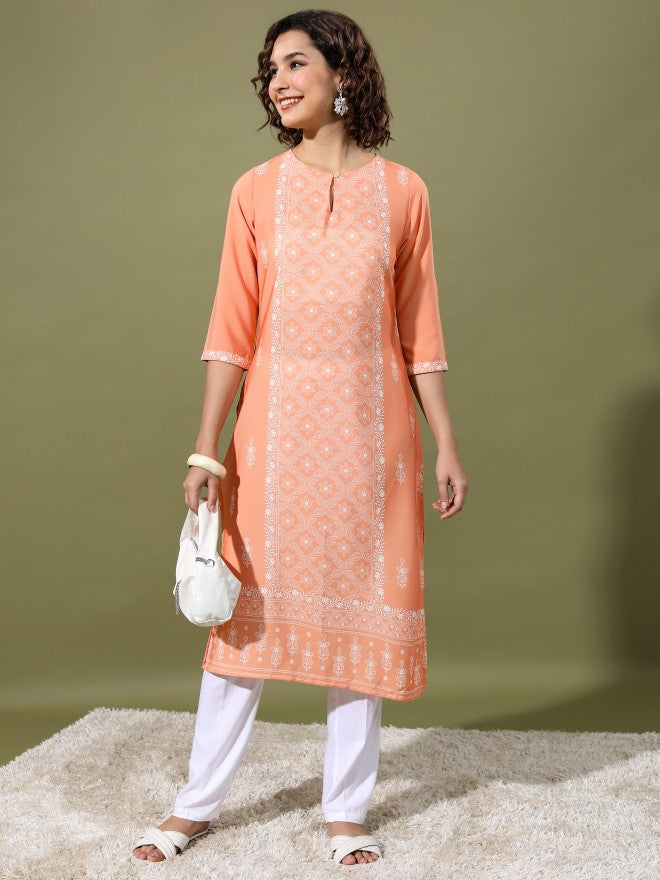 Vishudh Women Peach Printed Straight Kurta - Peach - Image 1