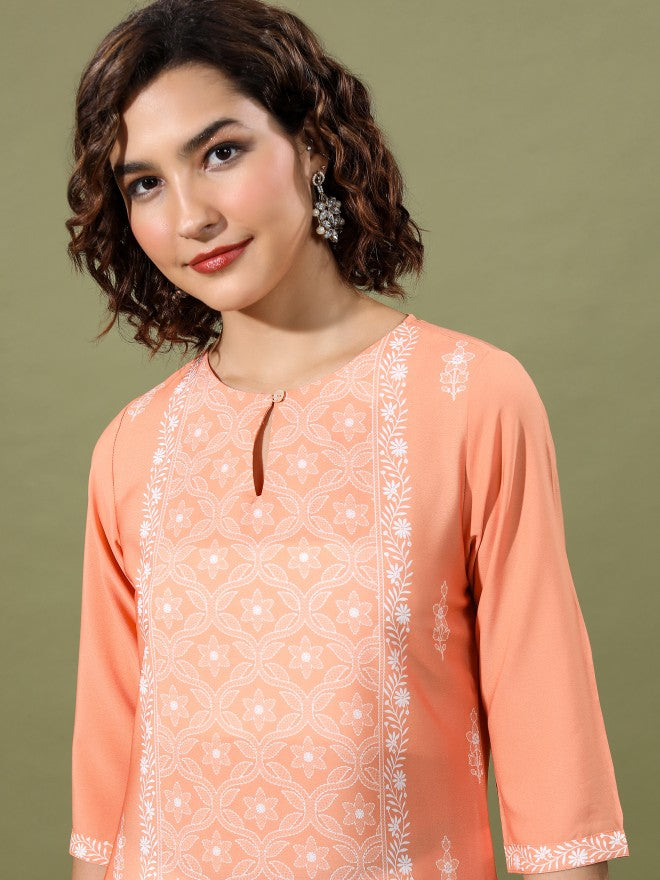 Vishudh Women Peach Printed Straight Kurta - Peach - Image 2